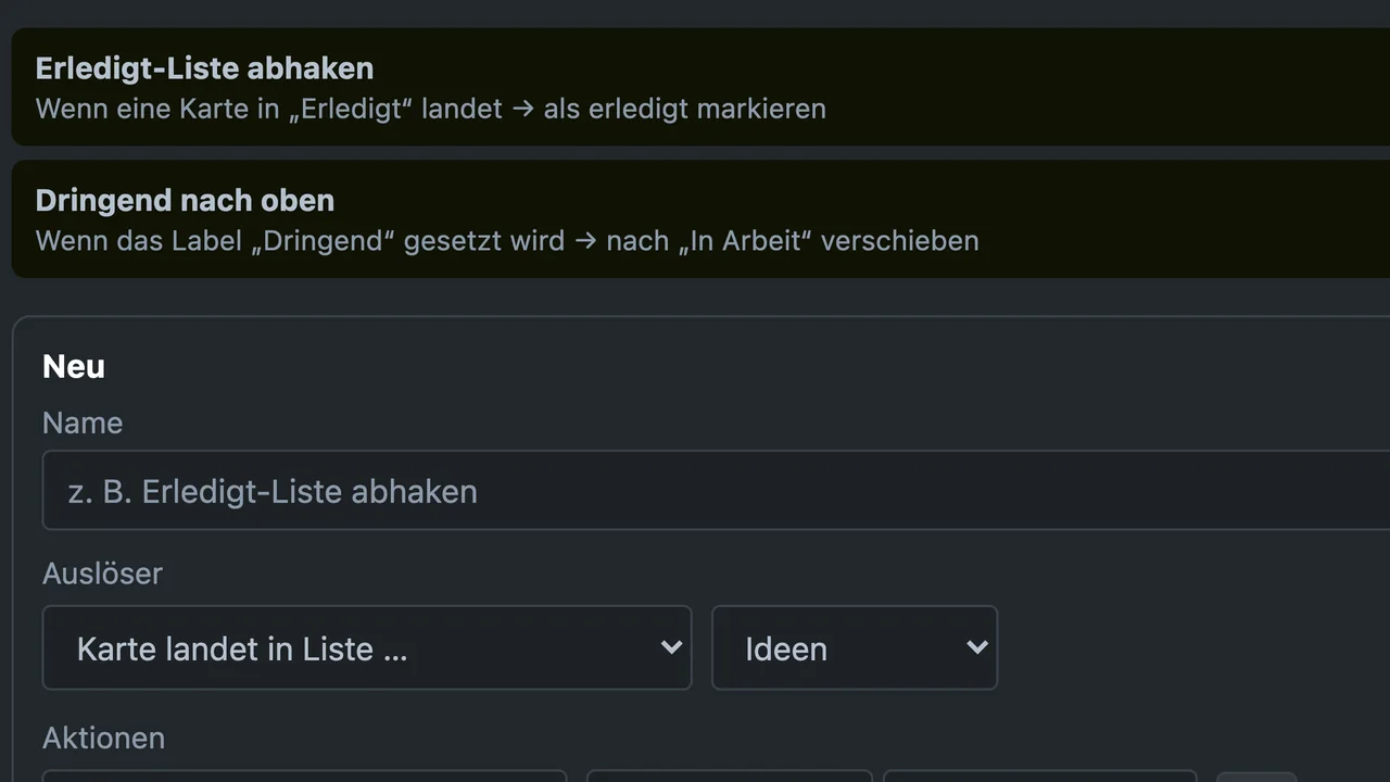 Automation on a board: two rules already set up, with the form for a new rule below