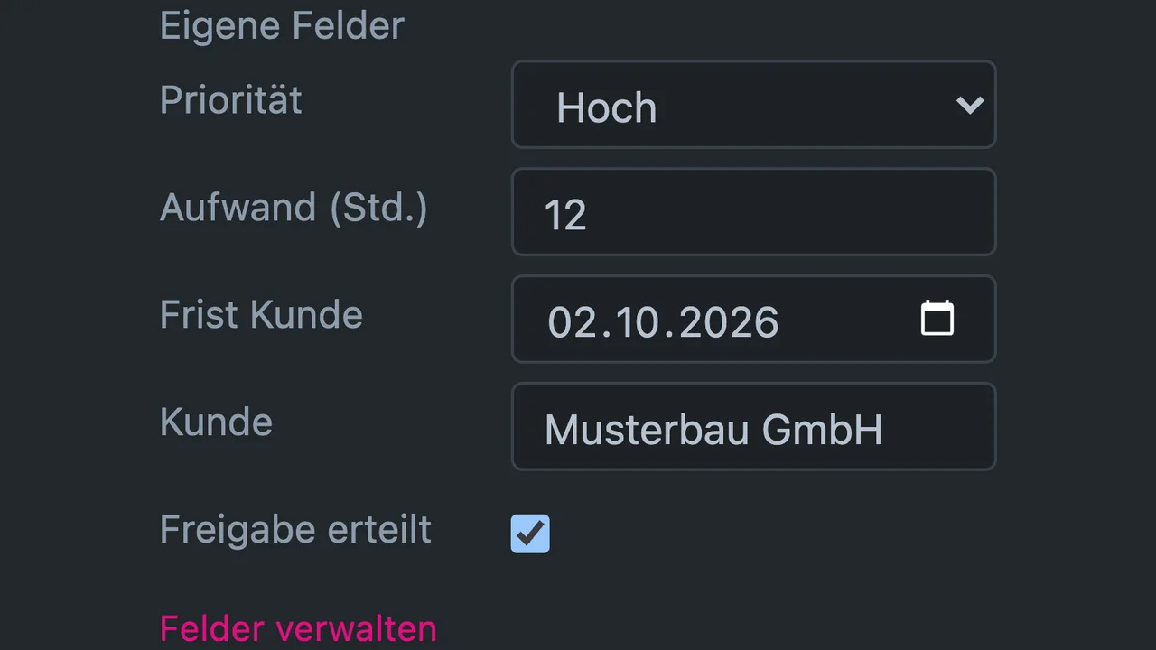 Custom fields on a card: priority, effort, deadline, client and approval