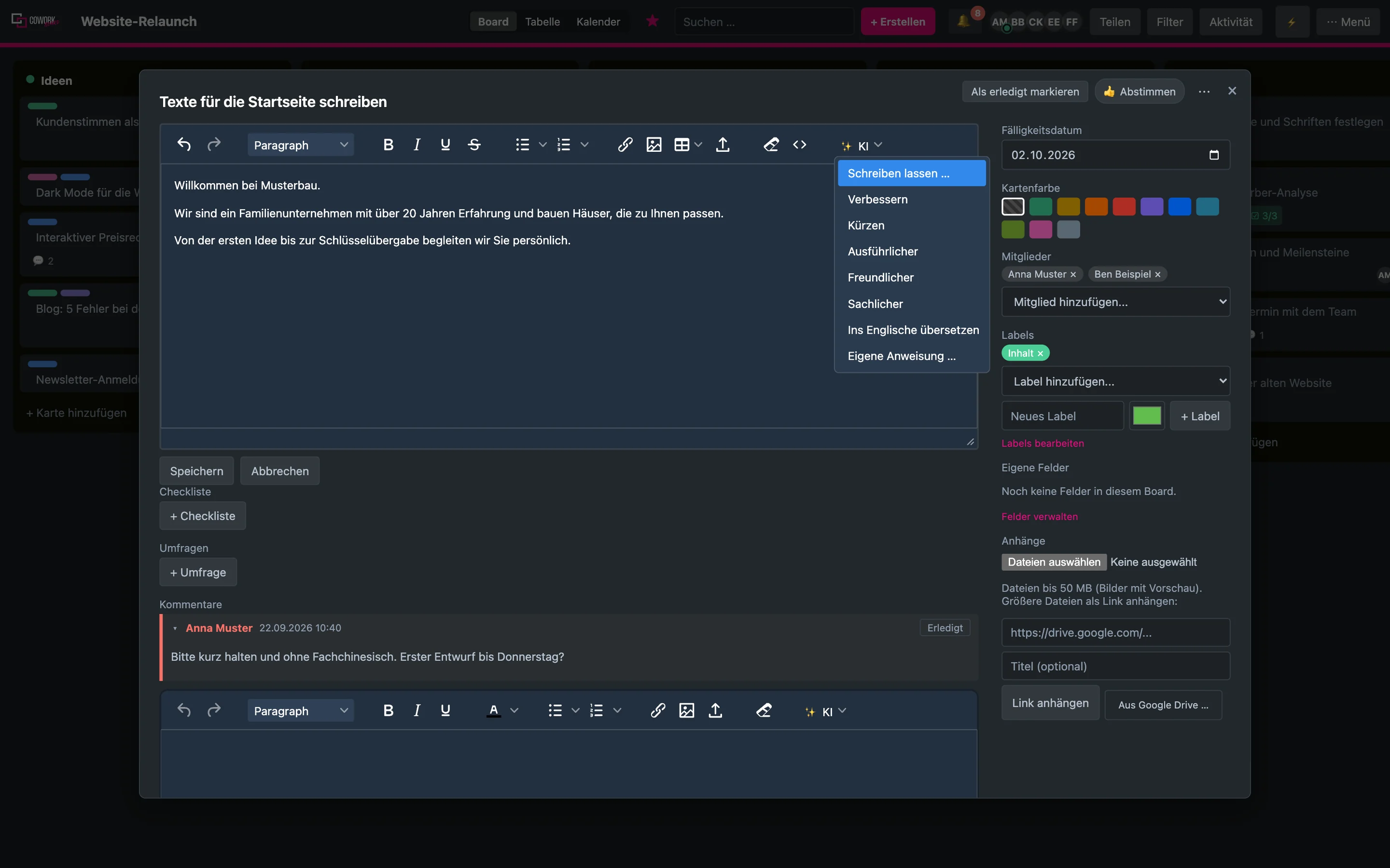 The text editor with the AI menu open: write, improve, shorten