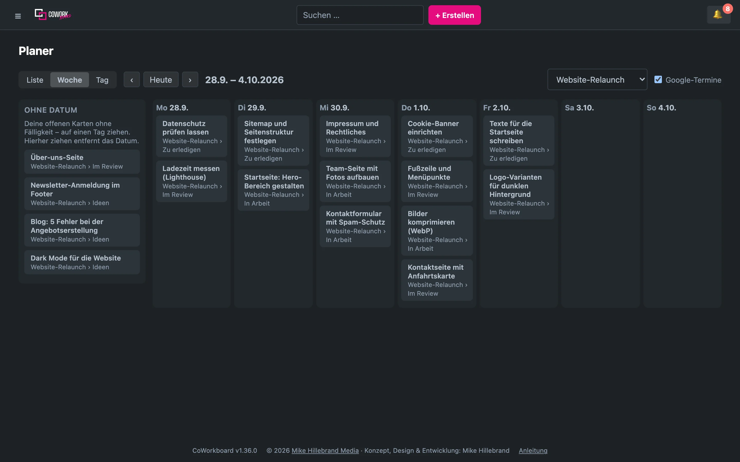 CoWorkboard’s planner with appointments in the calendar