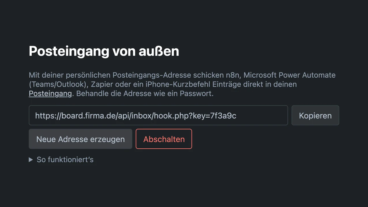 Settings: personal inbox address to copy